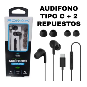 AUDIFONO TIPO C NEGRO ROMAX EXTRA BASS CON 2 REPUESTOS Y CONTROL VOLUMEN